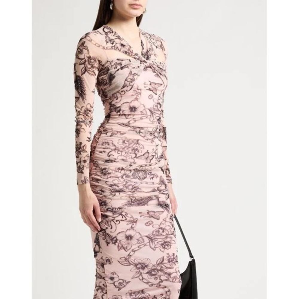 Pinko Pink Floral Mesh Ruched Bodycon Midi Dress Women M - G017